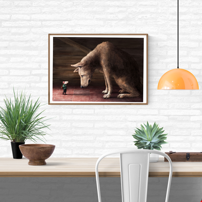 High-quality digital art print A House for Mouse by Stien van Kerckhoven, showing a touching moment between a small mouse with a backpack and a large wolf inside a wooden cabin, symbolizing friendship, courage, and tenderness — perfect wall art for cozy, emotional interiors.