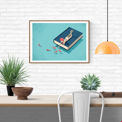 Art print Relaxing by Andrea de Santis showing a woman in a white swimsuit lying on a large blue book floating on turquoise water, reaching toward red fish — a surreal minimalist illustration symbolizing imagination, reading, and tranquility.
