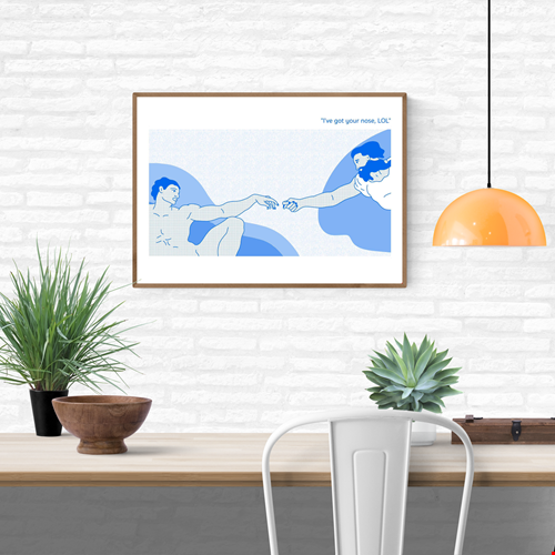 Humorous art print parodying Michelangelo’s Creation of Adam, with God holding Adam’s nose and the text “I’ve got your nose, LOL” – risograph A3 print by Studio Stoutpoep, Belgium.