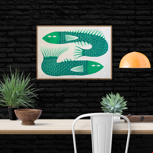 Limited edition risograph art print titled Gill Behaviour by Northern Irish artist Strangford. The artwork features two green fish with expressive eyes, intertwined in a surreal underwater embrace. Printed on recycled A3 paper using linocut and oil-based inks. Edition 56 of 93. Bold, quirky, and handmade—perfect for collectors and lovers of whimsical animal art.