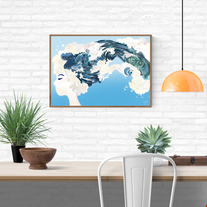 Fine art giclée print by Giu Watercolor of a dreamy female figure with flowing hair that turns into ocean waves, symbolizing freedom and the sea, 30 x 40 cm.