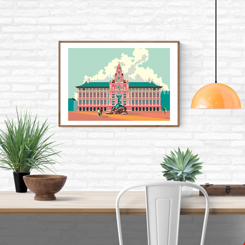 City Hall Antwerp digital art print by Studio Frits – colorful illustration of the Antwerp Stadhuis and Brabo fountain, in a bold graphic style on 300g fine art paper, made in Belgium.