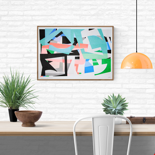 Colorful abstract risograph print by French artist Chufy titled Carré rond, featuring overlapping geometric shapes in green, blue, pink, and black tones. Limited edition A3 art print on Munken Print White 150g paper — modern wall art for design and color lovers.