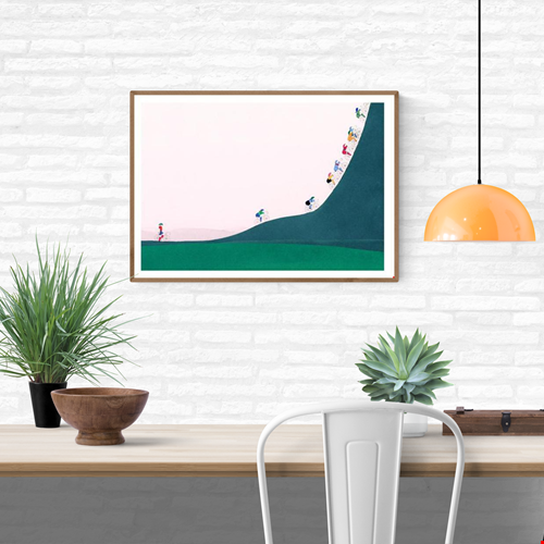 Four-color risograph art print La montée by Viola Amman showing colorful cyclists climbing a steep green hill against a pale background. Minimalist, playful wall art full of motion and optimism, ideal for cycling lovers and modern interiors.