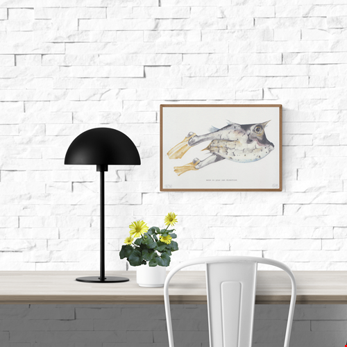 Surreal A5 art print titled Swim in your own direction by Belgian illustrator FAB. Features a watercolor fish with human legs and yellow fins, paired with the quote "Swim in your own direction". Printed on 300g Munker Pure rough paper, ideal for unique and inspirational home decor.