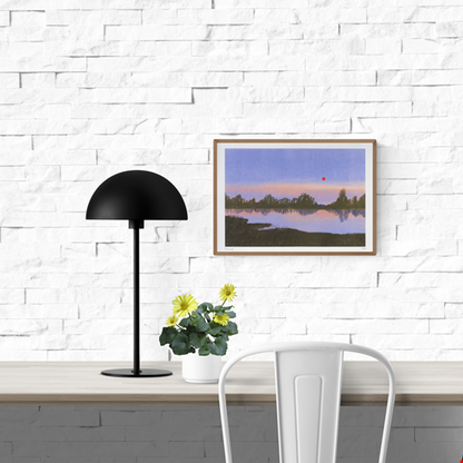 France art print by Linde Raats – peaceful minimalist landscape featuring a sunset over a quiet lake with tree silhouettes and a red sun, fine art giclée print perfect for nature lovers and travel-inspired wall decor