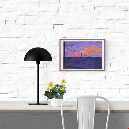 Dreamy landscape art print ‘Desert Roads’ by Linde Raats, featuring a surreal purple and pink sunset over a desert road with telephone poles casting long shadows. Minimalist and atmospheric wall art available at Galerie Frits