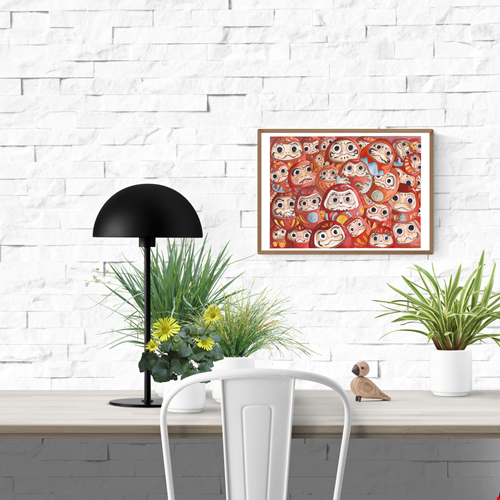 Watercolor illustration of multiple red Daruma dolls with expressive faces and hand-painted details, A3 art print by Giu, contemporary Japanese-inspired wall art for modern home decor.