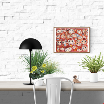 Watercolor illustration of multiple red Daruma dolls with expressive faces and hand-painted details, A3 art print by Giu, contemporary Japanese-inspired wall art for modern home decor.