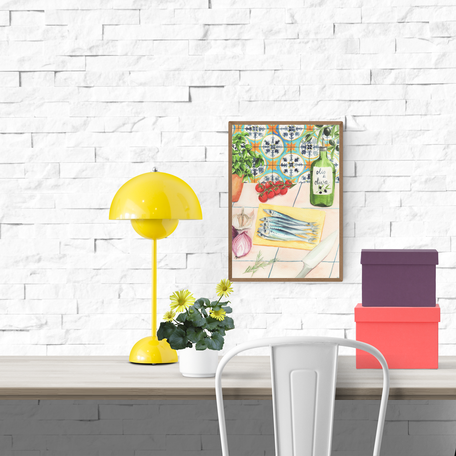 Watercolor kitchen scene illustration by Kim Timmermans featuring fresh sardines on a cutting board surrounded by cherry tomatoes, olive oil, herbs, and garlic — printed on 300g fine art paper in Belgium.