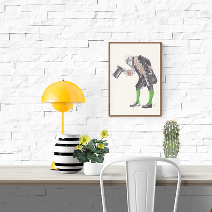 Thank You art card by Belgian artist FAB, A6 size (10.5 x 14.8 cm) printed on 300g Munken Pure Rough paper, featuring a whimsical anthropomorphic bird in vintage clothing bowing with a top hat, painted in soft watercolor tones.