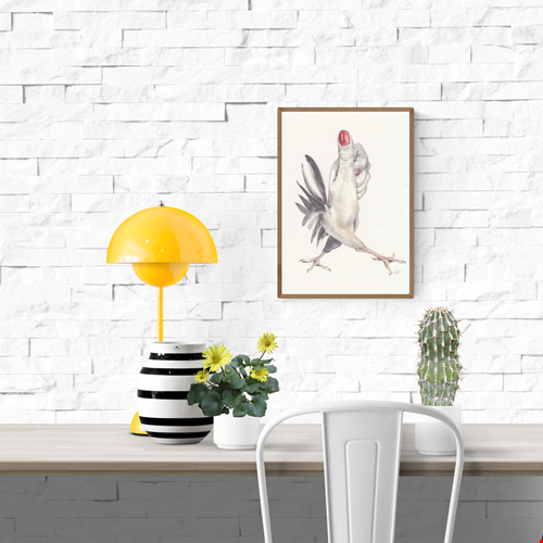 Surreal art print 'Thumb' by FAB showing a playful hybrid of a human thumb with red nail polish transformed into a dancing chicken with feathers and legs — humorous and imaginative contemporary illustration for collectors of quirky surreal art