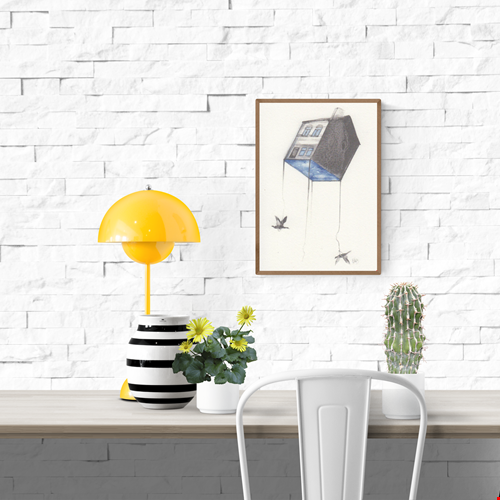Surreal minimalist illustration of a floating house carried by birds – Moving by FAB, Belgian artist Fabienne Verhulsel, A6 fine art print.