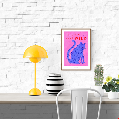 Born to Be Wild cat illustration by Just Cool Design – playful modern art print featuring a blue spotted cat on a pink background with bold red typography, fun and quirky wall art for cat lovers and vibrant interiors, available at Galerie Frits
