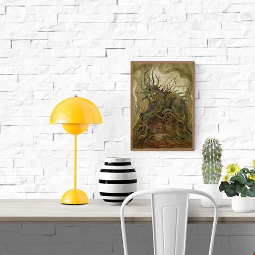 Detailed fantasy illustration by Lena Yampolski titled The Guard, showing a giant tree creature with glowing eyes protecting a wooden door in a forest. Rich earthy colors, roots, branches, mushrooms, and a small figure in purple cloak evoke an enchanted, fairy-tale atmosphere. Giclée fine art print, 23 x 29.2 cm.