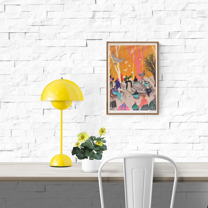 Colorful illustration of people gathered around a city square fountain with pigeons flying and perched nearby – Ode aan de duif by Louise de Meester, A4 urban-themed art print from Belgium