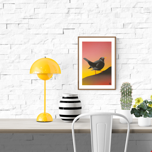 Blackbird illustration by VrijFormaat featuring a sleek black bird against a warm sunset gradient background — modern nature-inspired wall art available at Galerie Frits