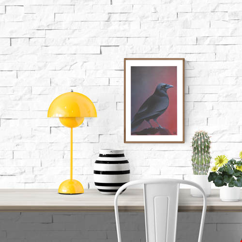 Atmospheric crow art print by Vrijformaat, featuring a sleek black crow against a moody gradient background of red and violet hues. A minimalist and elegant illustration perfect for modern interiors and bird lovers. Available at Galerie Frits