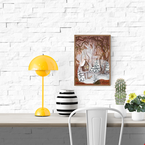 Enchanting winter illustration Baba Yaga’s Cabin by Lena Yampolski — giclée art print featuring a magical hut on chicken legs in a snowy forest, inspired by Slavic folklore and Andersen’s Snow Queen. Perfect fairy-tale wall art for cozy homes and kids’ rooms.