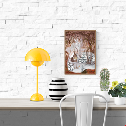 Enchanting winter illustration Baba Yaga’s Cabin by Lena Yampolski — giclée art print featuring a magical hut on chicken legs in a snowy forest, inspired by Slavic folklore and Andersen’s Snow Queen. Perfect fairy-tale wall art for cozy homes and kids’ rooms.