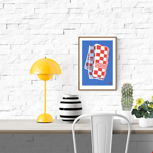 A4 risograph print titled Towel by Dutch studio VrijFormaat. Features a red and blue checkered dish towel illustrated in bold, minimalist style. Part of the “Extra Ordinary” series, printed on 160g Biotop paper using soy-based risography ink. Ideal for lovers of design, pattern, and printmaking.