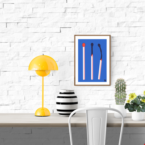 Minimalist risograph art print of three red and blue matchsticks in various stages of burning, designed by VrijFormaat on A4 Biotop paper.