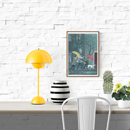 Illustration Regen by Stien van Kerckhoven showing three people and a white dog walking in heavy rain with colorful umbrellas — a charming, high-quality digital art print full of motion, humor, and cozy atmosphere, perfect wall art for lovers of whimsical everyday scenes.