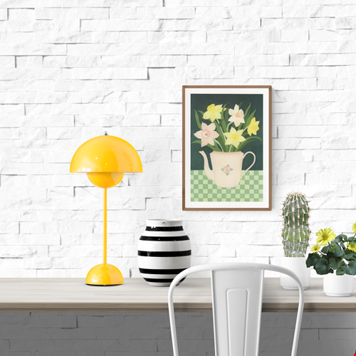 “Daffodils” by Belgian illustrator Leens – a botanical A4 digital print featuring a pastel floral teapot filled with yellow and pink daffodils, placed on a green checkered tablecloth with a dark green background.