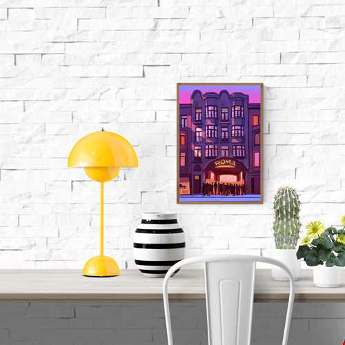 Digital art print of De Roma concert hall in Antwerp by Valeria Maggiani, purple and pink evening scene with silhouetted people, A4 format, printed in Belgium, perfect gift for Antwerp and music lovers.