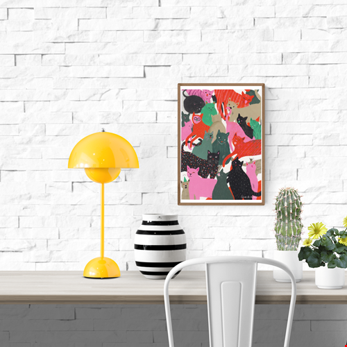 Colorful digital art print "Katten" by Louise de Meester, featuring a lively crowd of whimsical cats in pink, green, black, and red tones. Perfect for cat lovers and playful home decor.