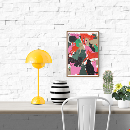 Colorful digital art print "Katten" by Louise de Meester, featuring a lively crowd of whimsical cats in pink, green, black, and red tones. Perfect for cat lovers and playful home decor.