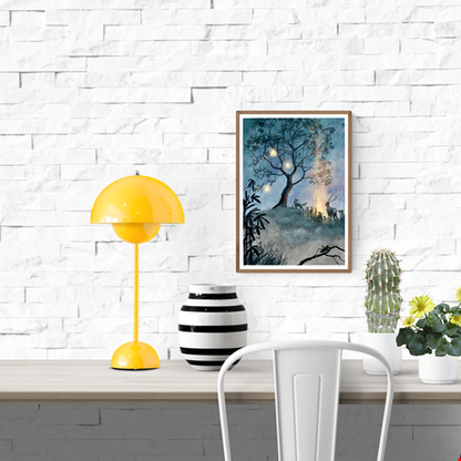 Dreamlike digital art print Boom by Belgian illustrator Stien van Kerckhoven, showing forest animals gathered around a glowing fire under a tree with lanterns — a magical night scene evoking peace, warmth, and wonder. Perfect wall art for cozy, nature-inspired interiors.