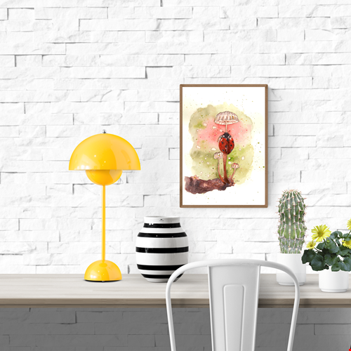 Watercolor illustration of a red ladybug standing on tall mushrooms, painted by Giu in a soft, whimsical style, A4 art print for modern wall art, kids room decor, and nature-inspired interiors.