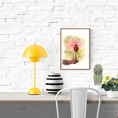 Watercolor illustration of a red ladybug standing on tall mushrooms, painted by Giu in a soft, whimsical style, A4 art print for modern wall art, kids room decor, and nature-inspired interiors.