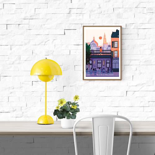 Illustrated cityscape of Antwerp by Mexican artist Valeria Maggiani – warm sunset tones, iconic skyline, Cathedral of Our Lady, terrace with people, printed in Belgium under the artist's supervision, signed and numbered A4 digital art print – modern wall art for city and travel lovers.