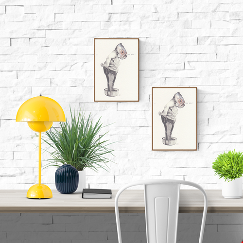 Surreal A6 art print of a human figure with a fish head standing in a metal tub and saying “hey you” – whimsical illustration by Belgian artist FAB on textured Munken Pure paper.