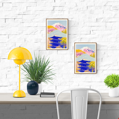 Colorful risograph art print of a Japanese landscape by PTRVRKD featuring Mount Fuji in soft pink and purple tones, a blue traditional pagoda, and vibrant yellow-orange trees. Modern Japanese collage illustration, handprinted with soy inks on high-quality Biotop paper. Perfect for Japan lovers and contemporary design enthusiasts.