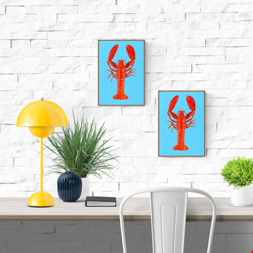 Colorful lobster illustration on bright blue background by Dutch artist PTRVRKD – A5 off-set art print on Biotop paper, perfect for modern home or kitchen decor