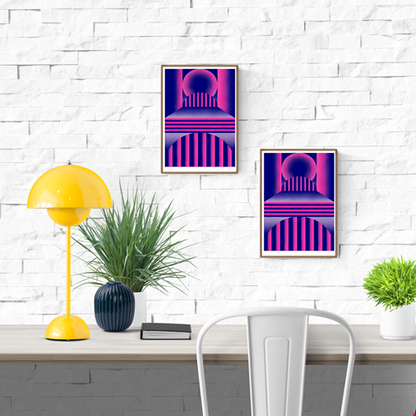 Pink and blue geometric risograph print by Dutch illustrator PTRVRKD – bold abstract landscape with arches, stripes, and layered architectural shapes in retro-futuristic design, printed with eco-friendly soy inks on 250 gsm Biotop paper, handmade in the Netherlands – striking modern wall art for design enthusiasts.