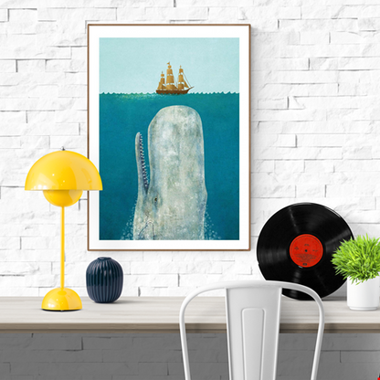 The Whale by Terry Fan – 50x70 cm surreal art print of a giant whale surfacing beneath a ship at sea, poetic nautical wall decor inspired by ocean mysteries and marine life, perfect for coastal and literary-inspired interiors.