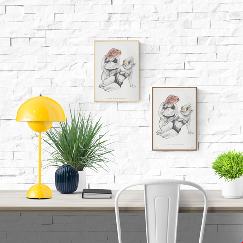 Surreal and empowering illustration by FAB titled 'Be Your Own Kind of Beautiful,' depicting two confident women in black lingerie with expressive fish heads, embracing body positivity and self-acceptance through a bold, thought-provoking visual statement