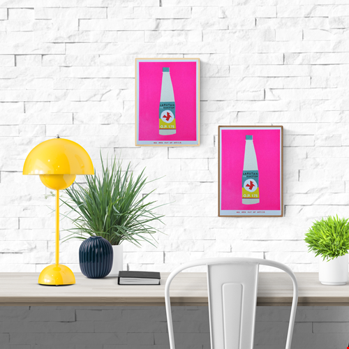 Indonesian Bottle Kakitiga risograph print by We Are Out of Office – colorful minimalist soy-ink artwork on 300g Biotop paper, inspired by Indonesian daily life, printed in the Netherlands.