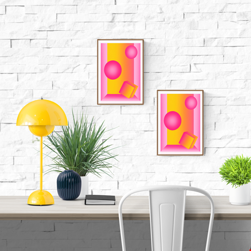 Neon pink and yellow geometric risograph print by Dutch illustrator PTRVRKD – abstract still life with floating spheres, tilted cube, and vibrant gradient design, printed with eco-friendly soy inks on 250 gsm Biotop paper, handmade in the Netherlands – bold modern wall art for color lovers.