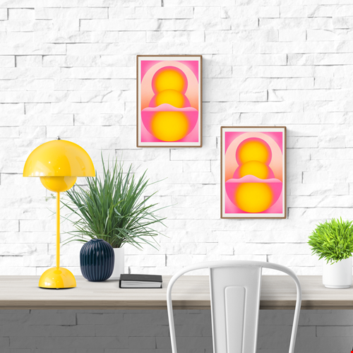 Yellow and pink geometric risograph print by Dutch illustrator PTRVRKD – abstract still life with radiant yellow spheres, soft pink gradients, and modern minimalist design, printed with eco-friendly soy inks on 250 gsm Biotop paper, handmade in the Netherlands – vibrant wall art for color and design lovers.