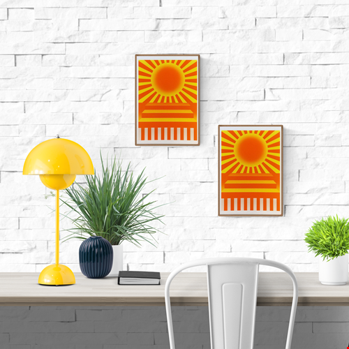 Yellow and red geometric risograph print by Dutch illustrator PTRVRKD – bold sunburst design with radiating rays, abstract stairs, and striped base, printed with eco-friendly soy inks on 250 gsm Biotop paper, handmade in the Netherlands – modern, colorful wall art full of energy.