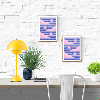 Pink and blue geometric risograph print by Dutch illustrator PTRVRKD – abstract landscape with stylized hills, layered waves, and gradient suns, printed with eco-friendly soy inks on 250 gsm Biotop paper, handmade in the Netherlands – pastel modern wall art for design enthusiasts.