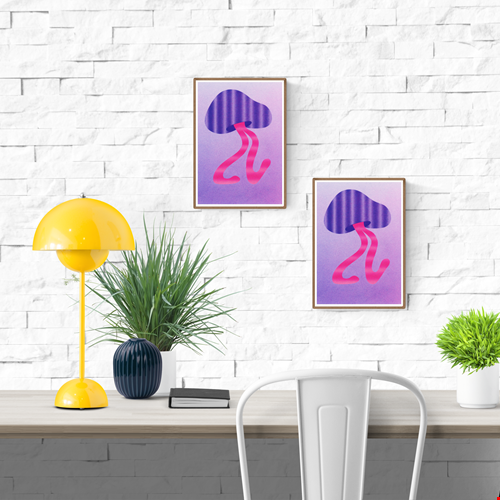 Purple and pink funky mushroom risograph print by Dutch illustrator PTRVRKD – playful minimalist botanical design with wavy purple mushroom cap, flowing pink stems, and soft lilac background, printed with eco-friendly soy inks on 250 gsm Biotop paper, handmade in the Netherlands – quirky small art print for modern spaces.