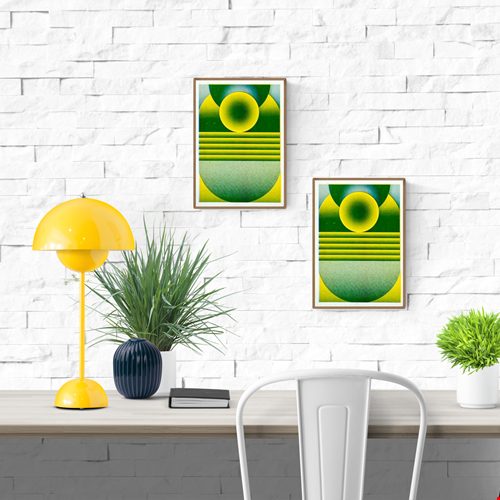 Yellow and green geometric risograph print by Dutch artist PTRVRKD – abstract landscape with bold spheres, gradients, and layered shapes, printed with eco-friendly soy inks on 250 gsm Biotop paper, handmade in the Netherlands – ideal minimalist wall art for modern interiors.