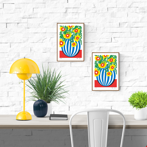 Blue Stripes Pot by Teresa Rego – colorful botanical art print featuring a bold blue-and-white striped vase with vibrant yellow, red, and green flowers, modern floral illustration for home decor, available at Galerie Frits