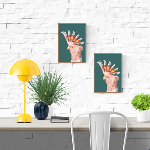 “Fashionista” by Floor 4 Productions – Digital art print of a pink cockatoo with vibrant yellow and orange crest on a muted green background, minimalist A4 wall decor made in Belgium.
